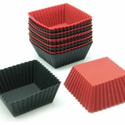 Best Sale 😀 Freshware 12-Pack Silicone Square Baking Cup, Black And Red 🎉