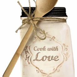 Promo 🔥 Young's Cook With Love Ceramic Kitchen Canning Jar Shaped Spoon Holder With WoodenSpoon 🤩