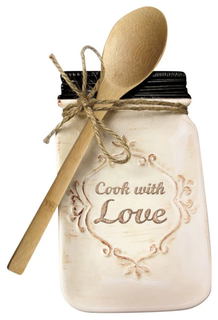 Promo ๐ฅ Young's Cook With Love Ceramic Kitchen Canning Jar Shaped Spoon Holder With WoodenSpoon ๐คฉ 3 Promo ๐ฅ Young's Cook With Love Ceramic Kitchen Canning Jar Shaped Spoon Holder With WoodenSpoon ๐คฉ